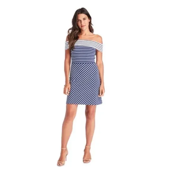 NWT Vineyard Vines Off the Shoulder Mix Stripe Dress Size Large Blue White - Picture 1 of 6